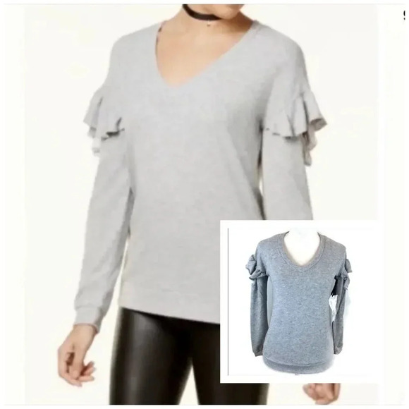 Crave Fame from Macy’s Gray Ruffle Tie Sleeve Sweater Size S - Picture 1 of 9